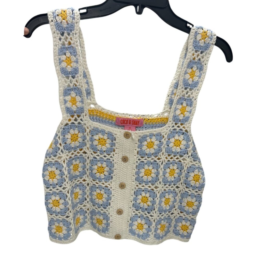 Coco Shay Granny Square Knit Tank Top, Blue Yellow White Faux Buttons